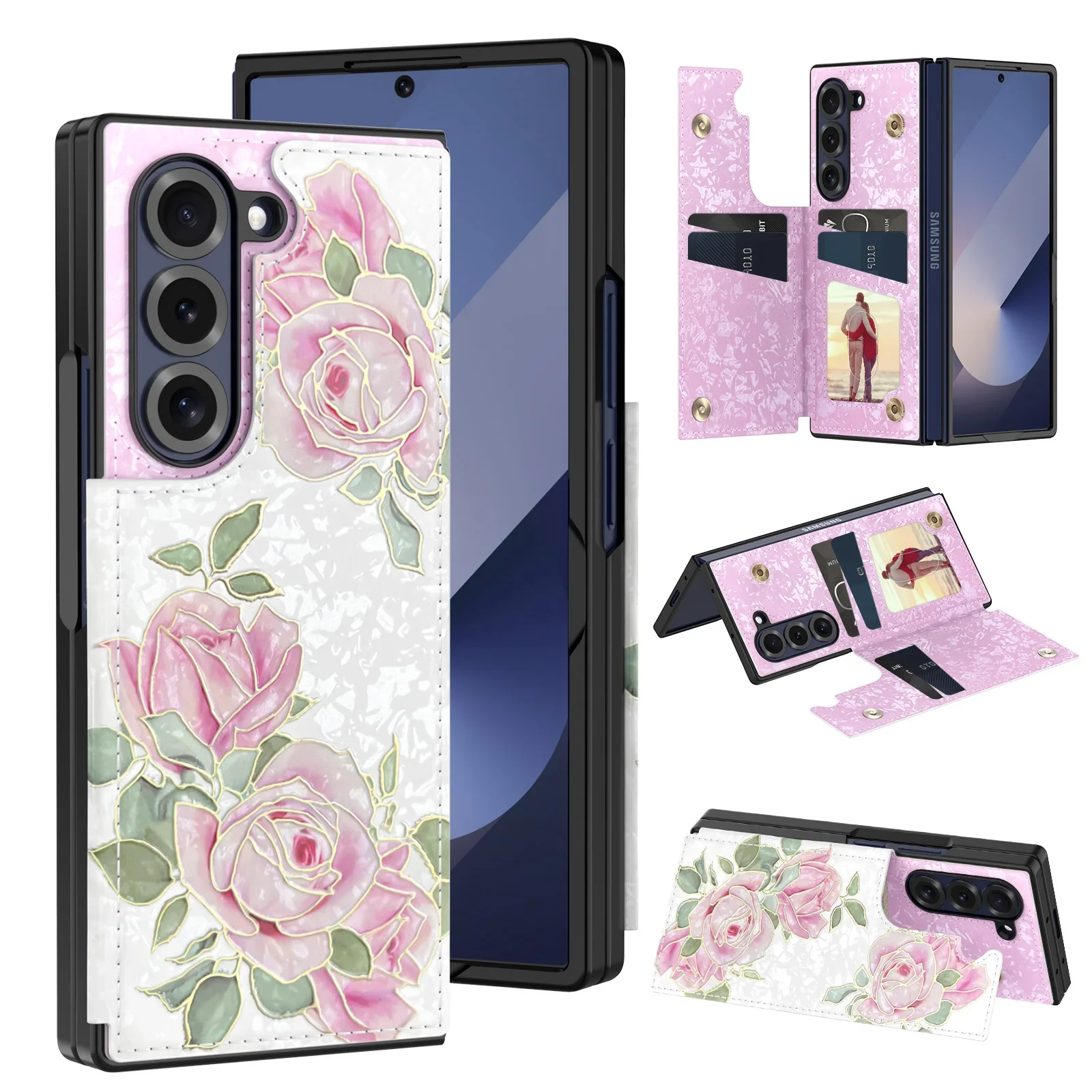 

Для Samsung Galaxy Z Fold 7 6 5 zfold6 5G модный держатель для карт подставка лазерный цветок двойная застежка флип-кошелек кожаный чехол