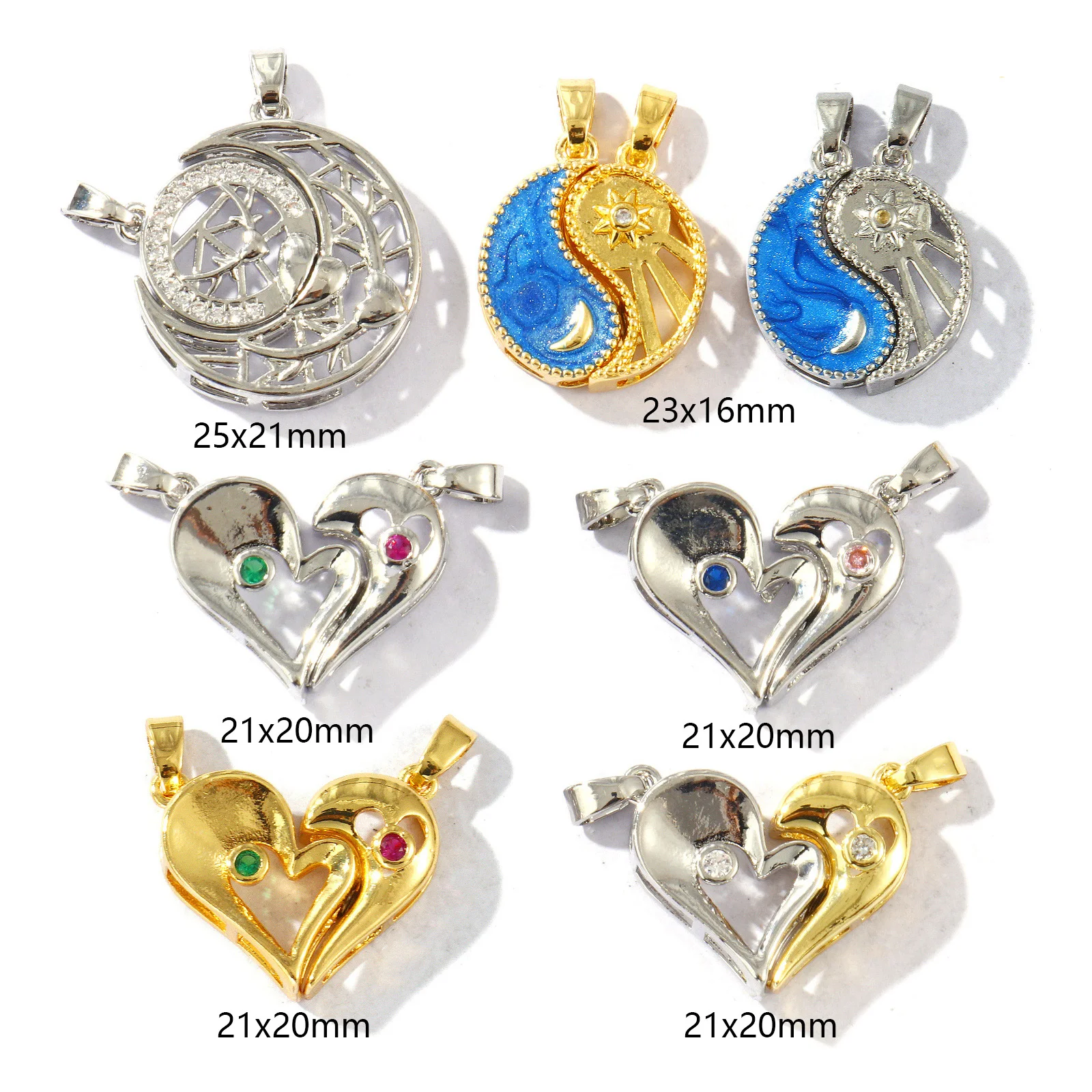 1Set Brass Charms Gold Plated Geometric Heart Rouns Moon Star Clear Cubic Zirconia Pendant DIY Women Necklace Jewelry Findings