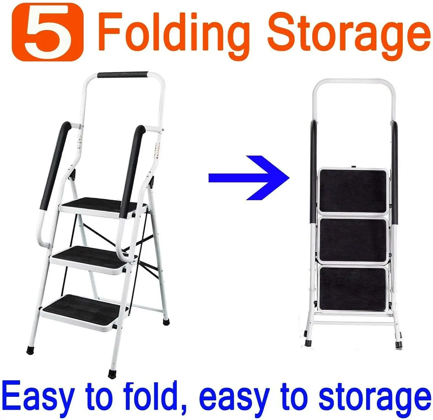EFAN 3-Stufen-Klappleiter mit Handlauf, Trittleiter, faltbar, tragbar, kompakt, Leiter, rutschfeste Matte, einfache Aufbewahrung für Heimwerker