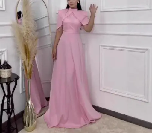 

Womens Dresses 2025 Spring Summer New Light Luxury Temperament Elegant Tassel Decor Mock Neck Short Sleeve Slim Fit Long Skirt