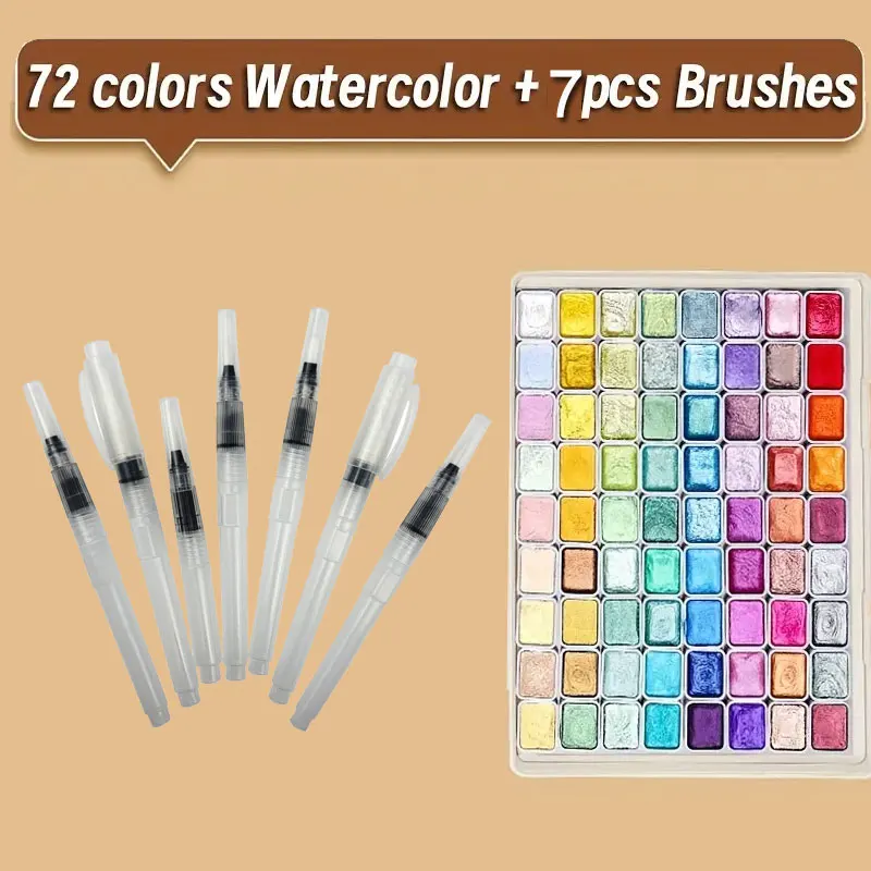 

72-Color Pearl Watercolor Pigment With 7Water Pen Set - Vibrant Solid Colors for Traditional Chinese Painting