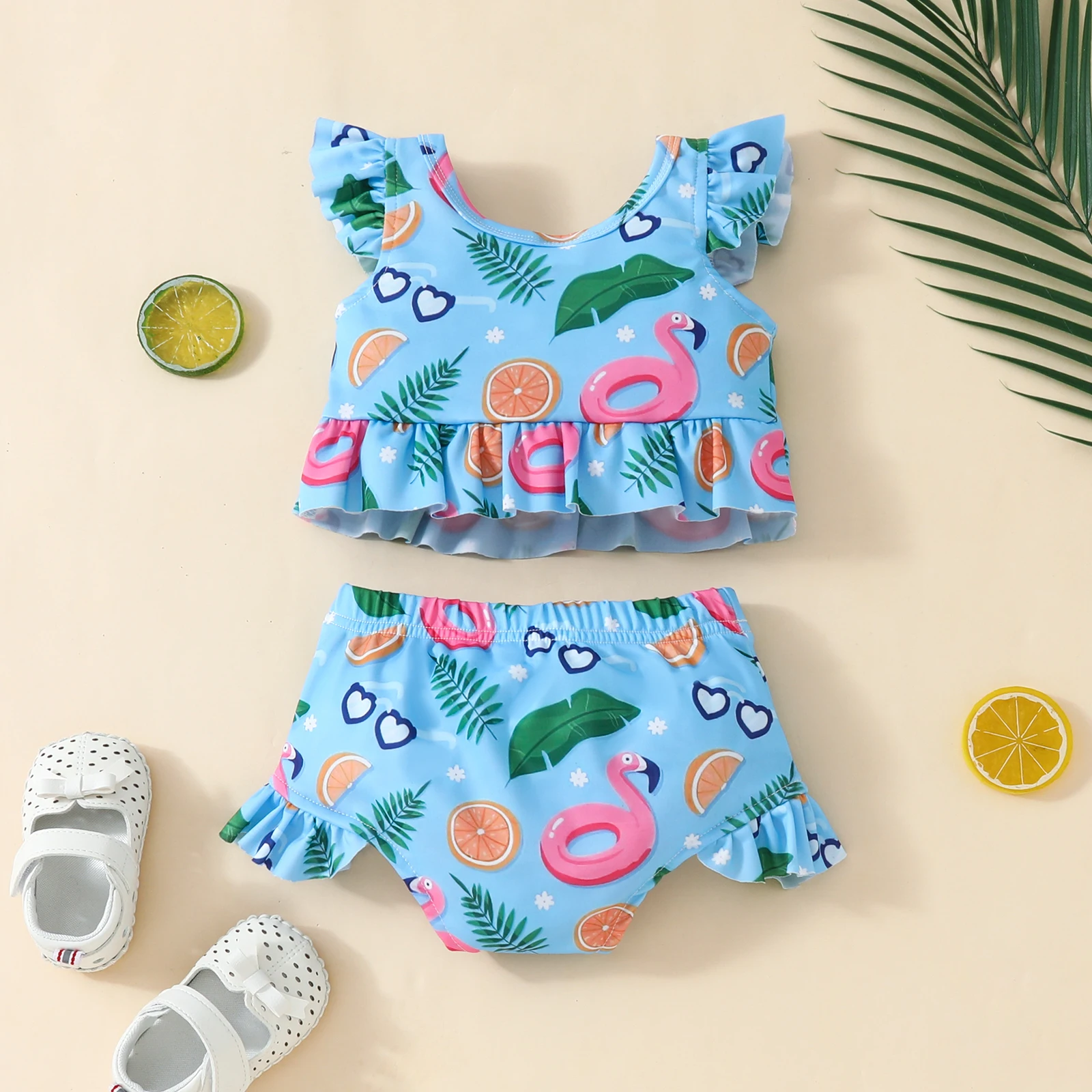 0-2 year old baby girls short two-piece swimsuit flying sleeve printed fruit top flounces short set swimming summer