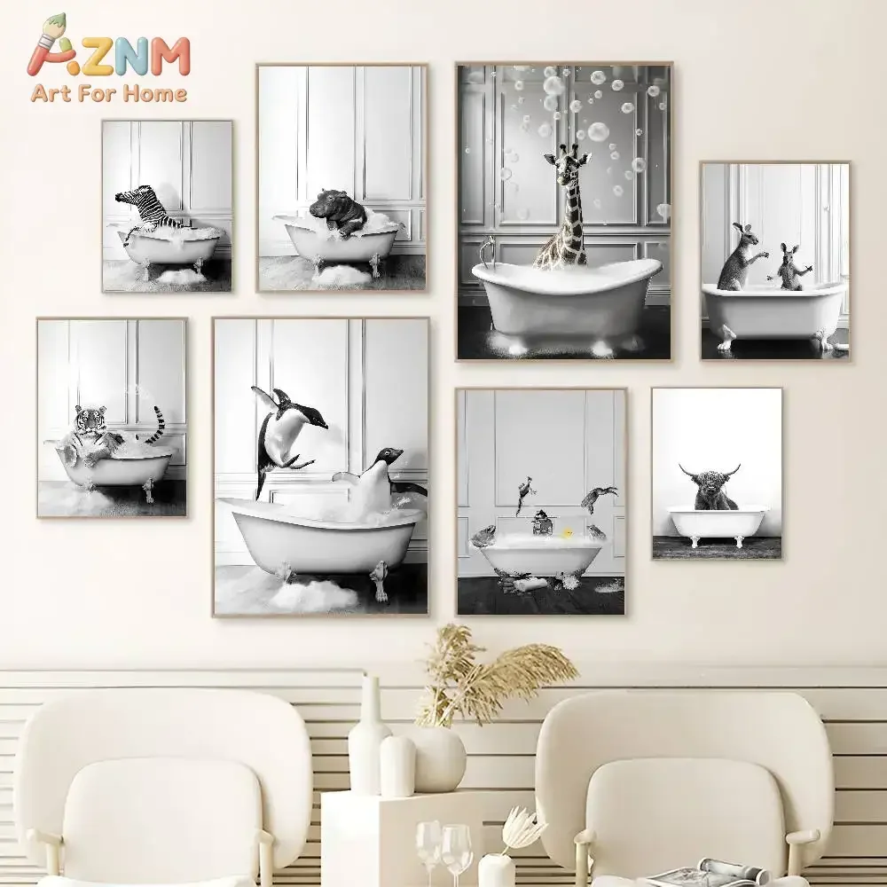 AZNM Cute Cartoon Animal Canvas Wall Art, Nursery Kids Room Decor, Tiger Bear Panda Giraffe Turtle Print, Modern Minimalist Baby