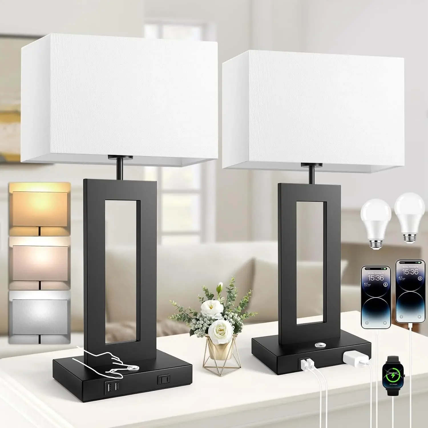 Juego de 2 Lámparas de Mesa Táctiles de 22 Pulgadas, 3 Temperaturas de Color, Regulación Continua, 2 Puertos USB y Enchufe de Corriente, Pantalla Blanca, Lámparas de Noche Modernas para Sala de Estar