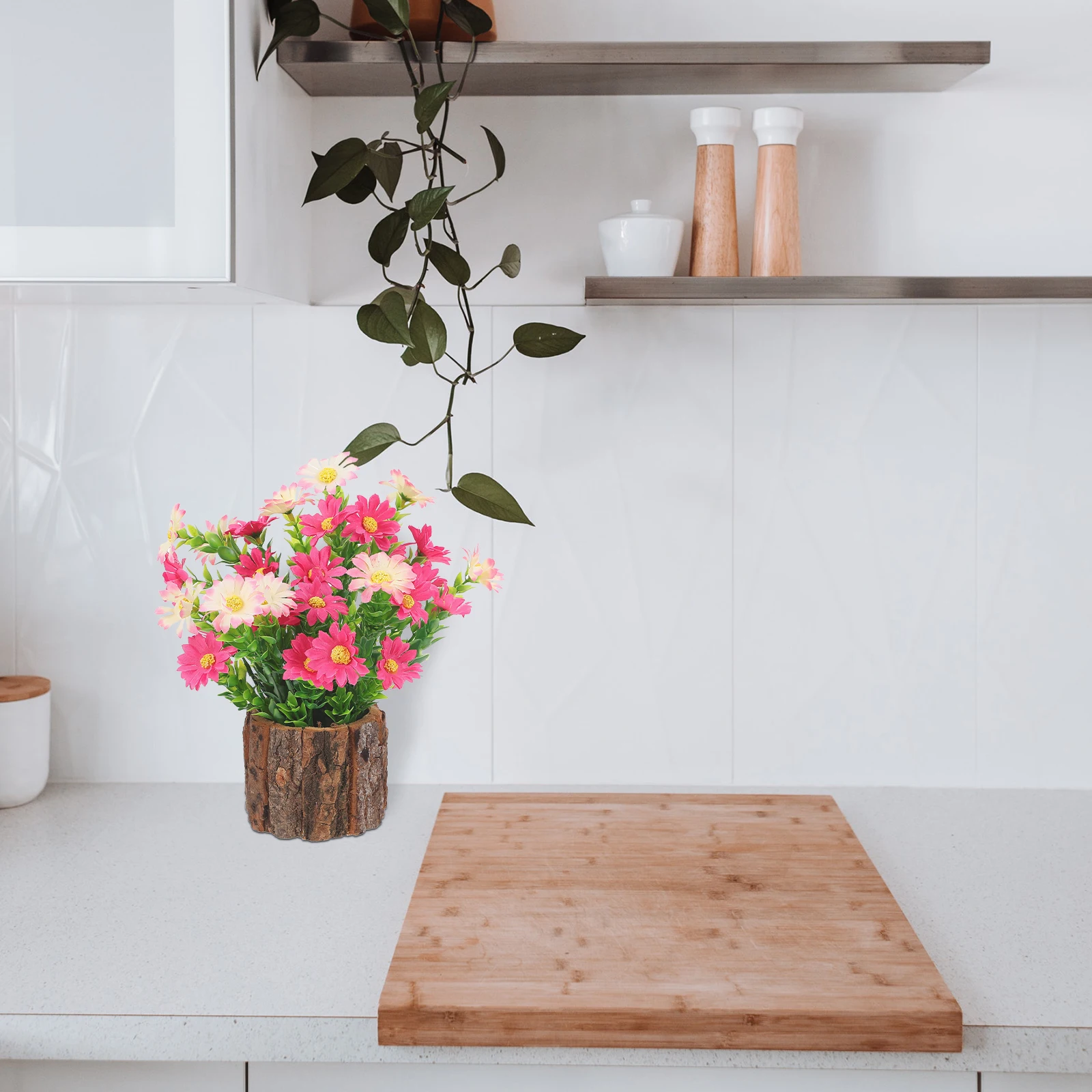 

Simulated Tree Bark Fake Flower Pot Plant Home Pink Artificial Potted Wooden Plants Lifelike Garden Plant Decor High