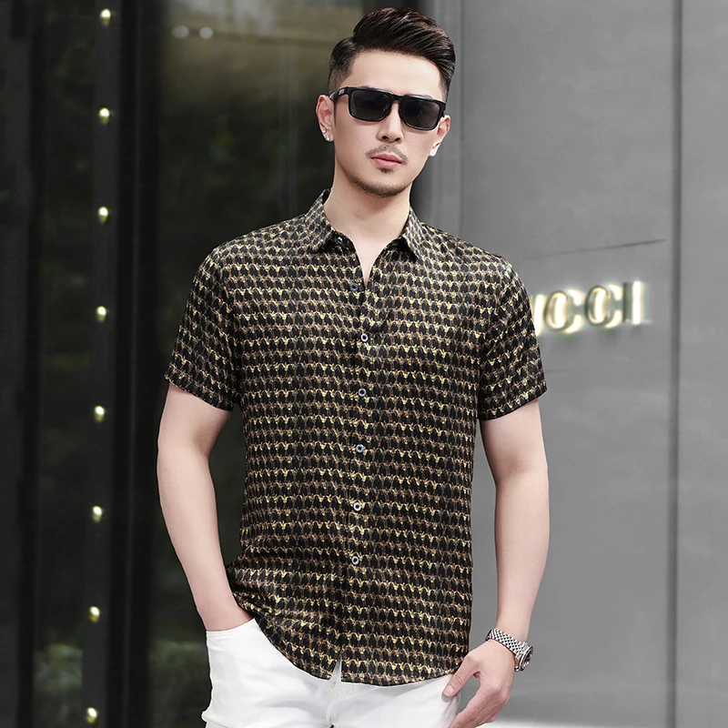 Silk 92.5%&Elastane 7.5% Shirts For Men Short Sleeve Print Satin Summer Quality Lightweight Softness All Match Camisas De Hombre