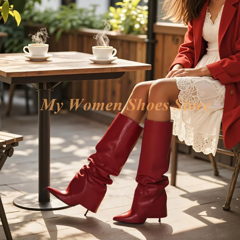 Red Leather Knee High Boots Stiletto Thin High Heel Sexy Pointy Toe Turn Over Runway 2026 Winter Autumn Women Dress Shoes