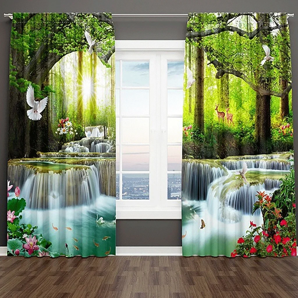 3D Birds Wild Flowers Forest Water Pool Waterfall Landscape Curtains for Bedroom Living Room Kitchen Decor Window Curtain Custom