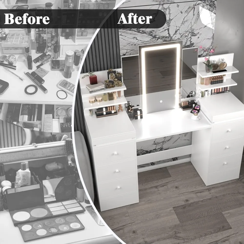 طاولة مكياج فانيتي مقاس 57.1 بوصة مع طاولة مرآة مضاءة مع مرآة ثلاثية الطي، 8 أدراج، 3 أوضاع إضاءة، أرفف تخزين مفتوحة، V