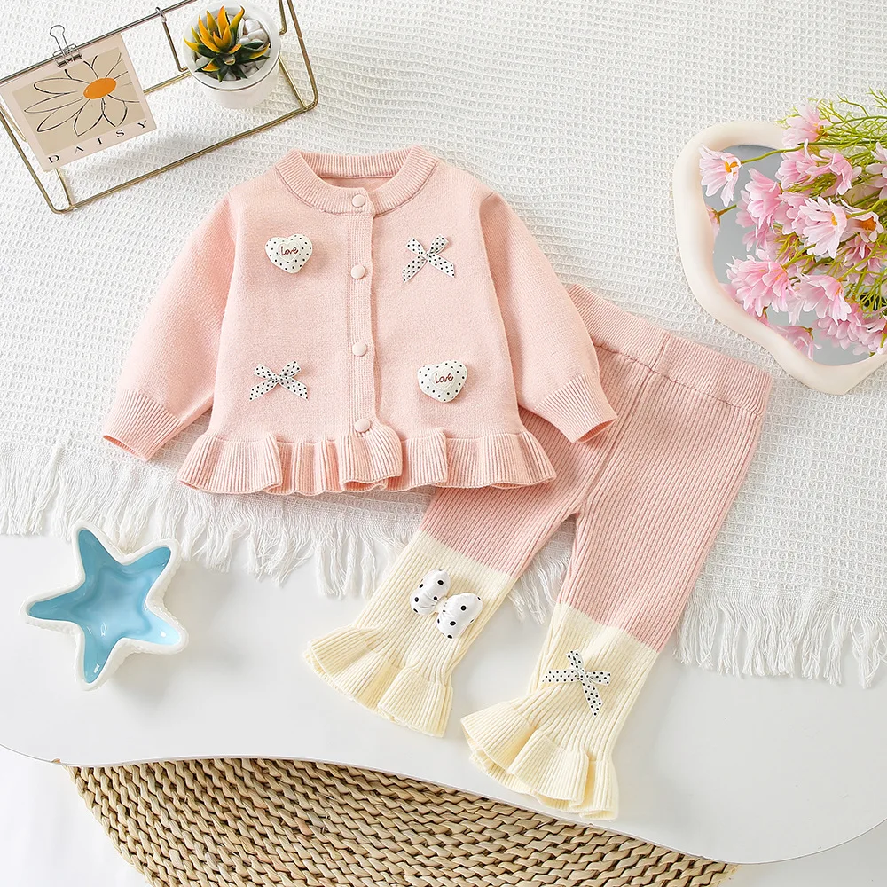 Baby Girls Knitted Clothes Sets Spring Autumn Toddler Woolen Jersey Sweaters Coats Leggings Pants 2pcs Cute Suit For Infants 2Y