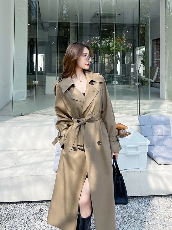 Khaki Color Women's Mid-Length Coat Spring Autumn New Korean Style Loose Waist British Style Popular Outerwear Jacket