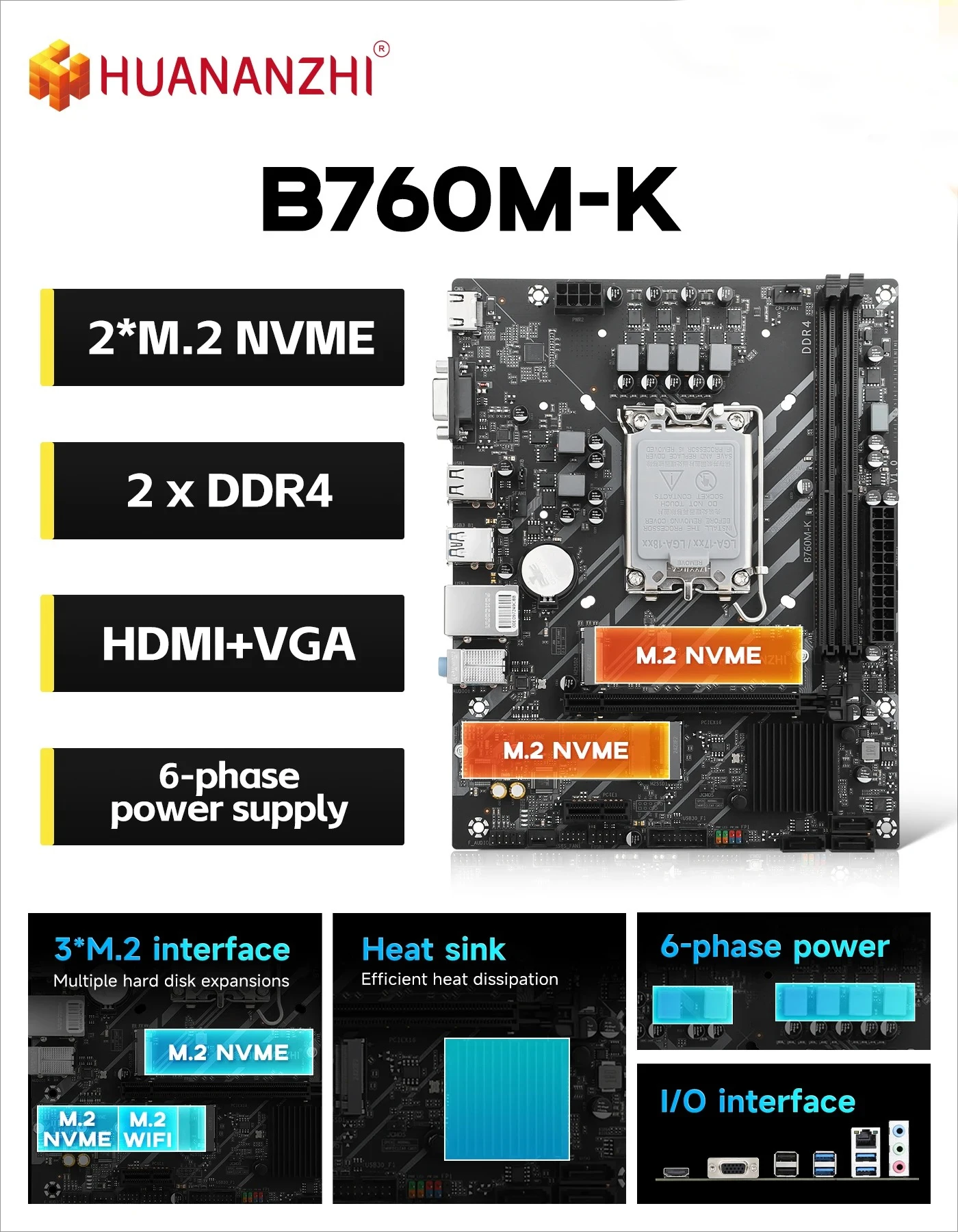 

HUANANZHI B760M K M-ATX DDR4 Motherboard Support 12 13 14 Gen Intel LGA 1700 CPU 12100F 12400F 12490F M.2 WIFI DUAL M.2 NVME