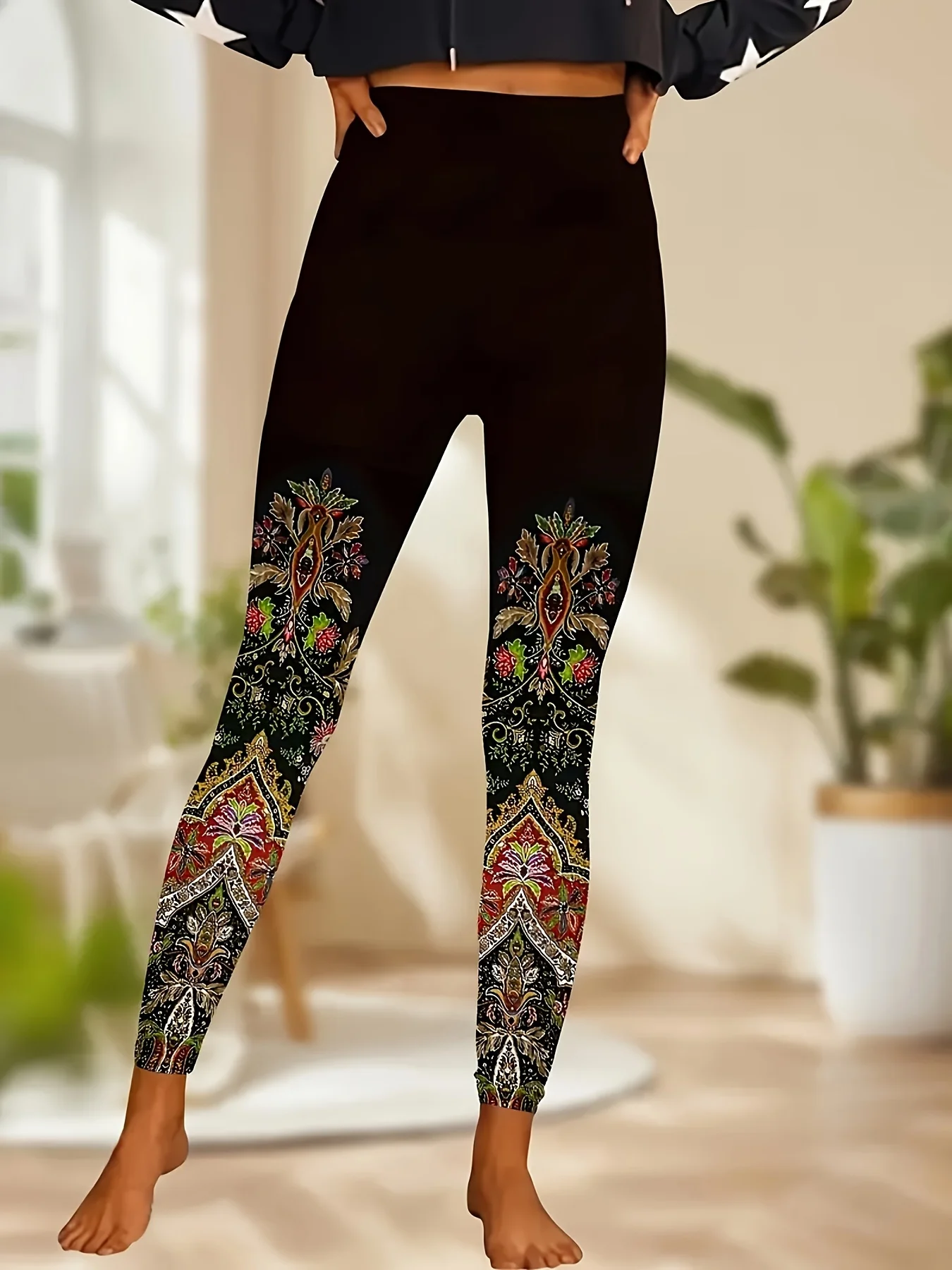 Women Mid‑Waist Fleece Lined Leggings, Burgundy Ethnic Floral Printed Ankle, Slim Warm Bohemian Casual Daily Pants
