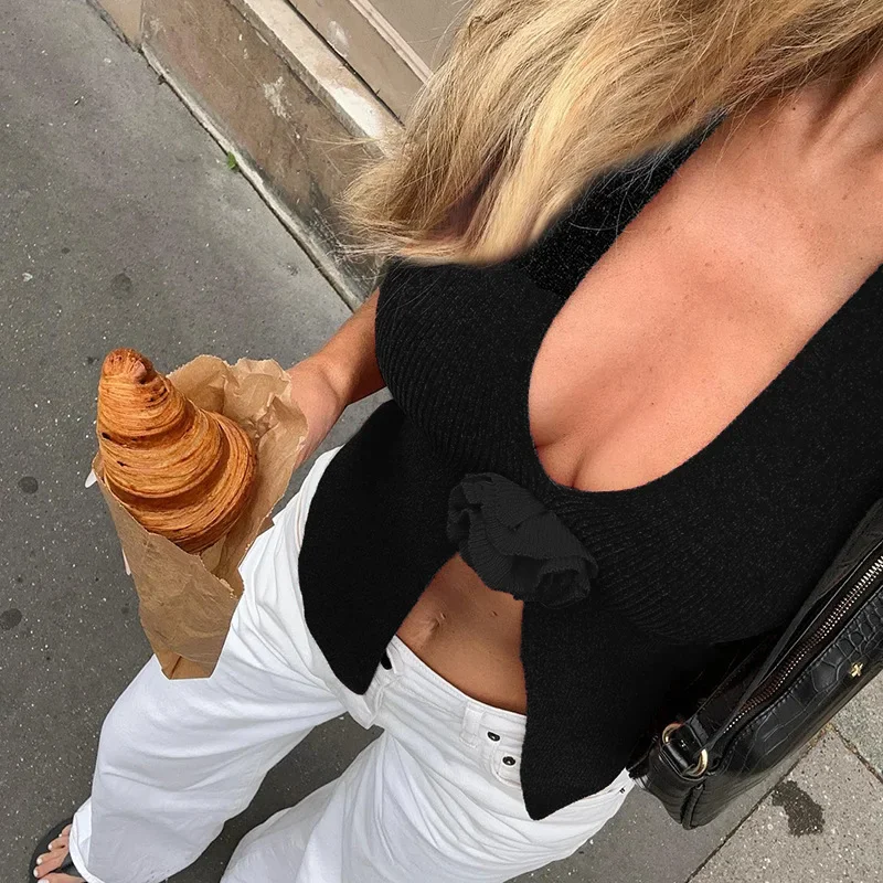 Summer New Fashion Style Spicy Girl Sexy Slim Fit Flower Design Hanging Neck Knitted Tank Top for Women CSM69-4