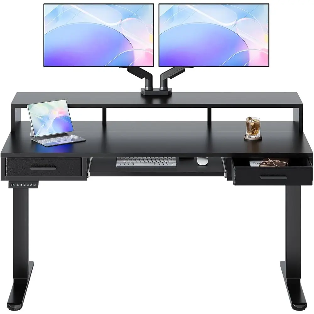 55x26 Inch Electric Standing Desk with 2 Drawers, 24.4 Inch Keyboard Tray, C-Clamp Mount, 4 Height Settings, Black