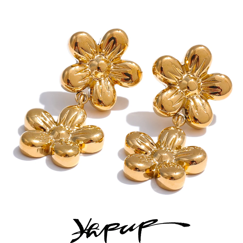 Yhpup Fashion Metalowe kolczyki ze stali nierdzewnej z małymi kwiatami 2024 Wodoodporna roślina Szykowna codzienna biżuteria w kolorze złota i platyny