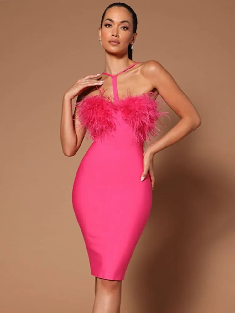 أحدث فستان صيفي مثير للنساء من ريش النعامة مقصوصة باللونين الوردي والوردي والأسود فستان ضيق بأشرطة ضيقة 2023 فستان أنيق للحفلات والنوادي المسائية
