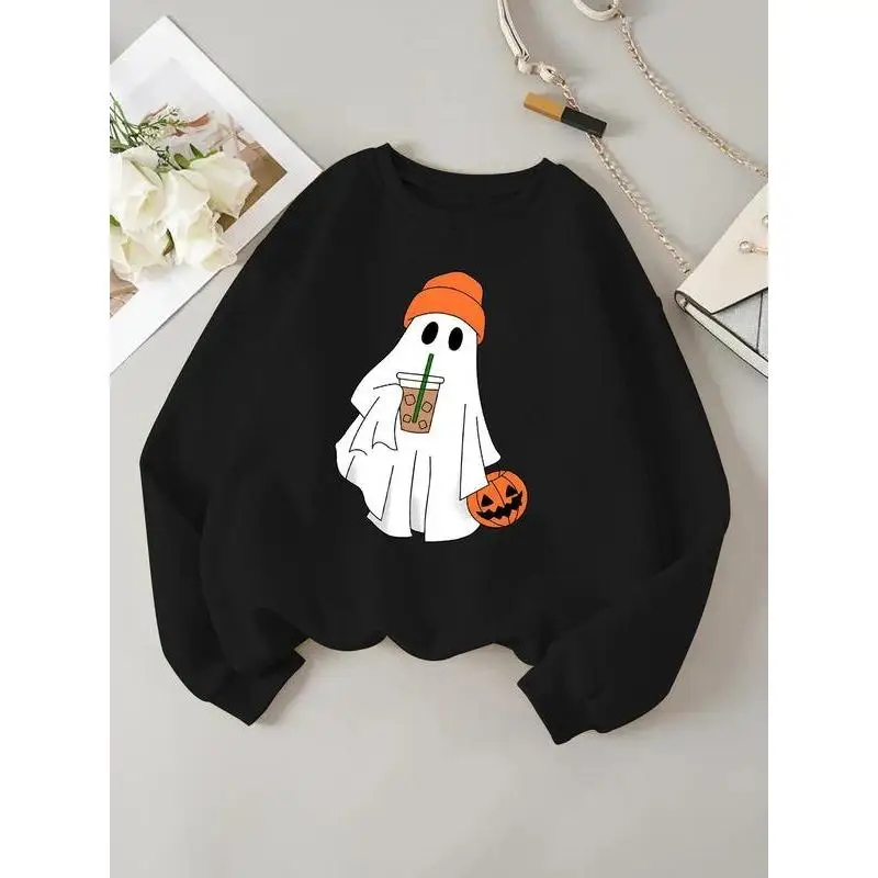 

Women's Halloween Sweatshirt, Funny Ghost with Pumpkin & Coffee Graphic Print, Cute Crewneck Pullover for Autumn
