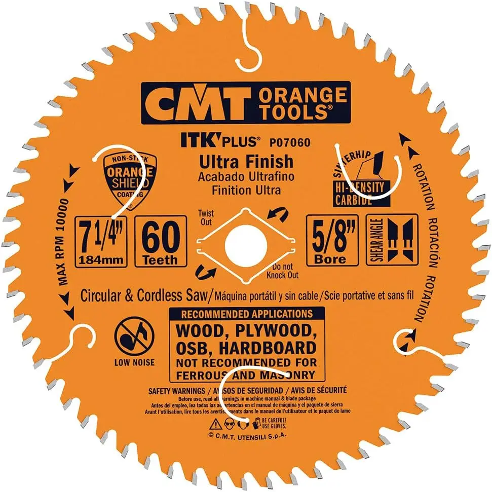 

7-1/4 x 60 Teeth Ultra Finish Saw Blade with 10-Degree ATB Shear and 5/8-Inch Bore for Smooth Cuts