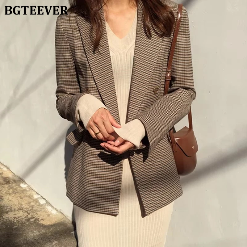 Vintage Double Breasted Office สุภาพสตรีลายสก๊อต Blazer ยาวหลวม Houndstooth เสื้อแจ็คเก็ตผู้หญิงเสื้อแจ็คเก็ตหญิง