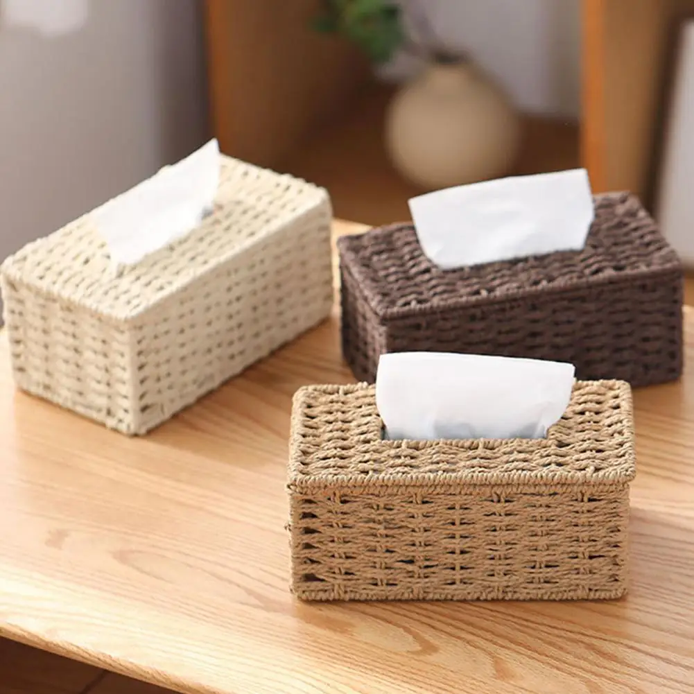 Braided Paper Rope Tissue Box Wicker Tissue Box Holder Rectangular Decorative Tissue Cover Capacity Facial for Bathroom
