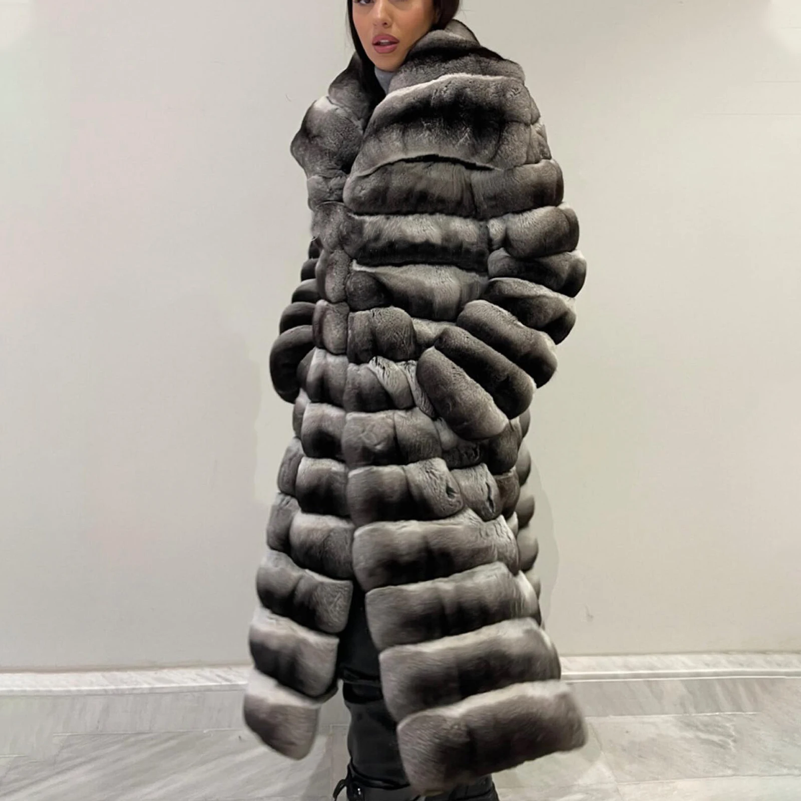 

Long Real Fur Coat Women Winter Fashion Natural Full Pelt Genuine Rex Rabbit Fur Coat Turn-down Collar High Quality Fur Overcoat