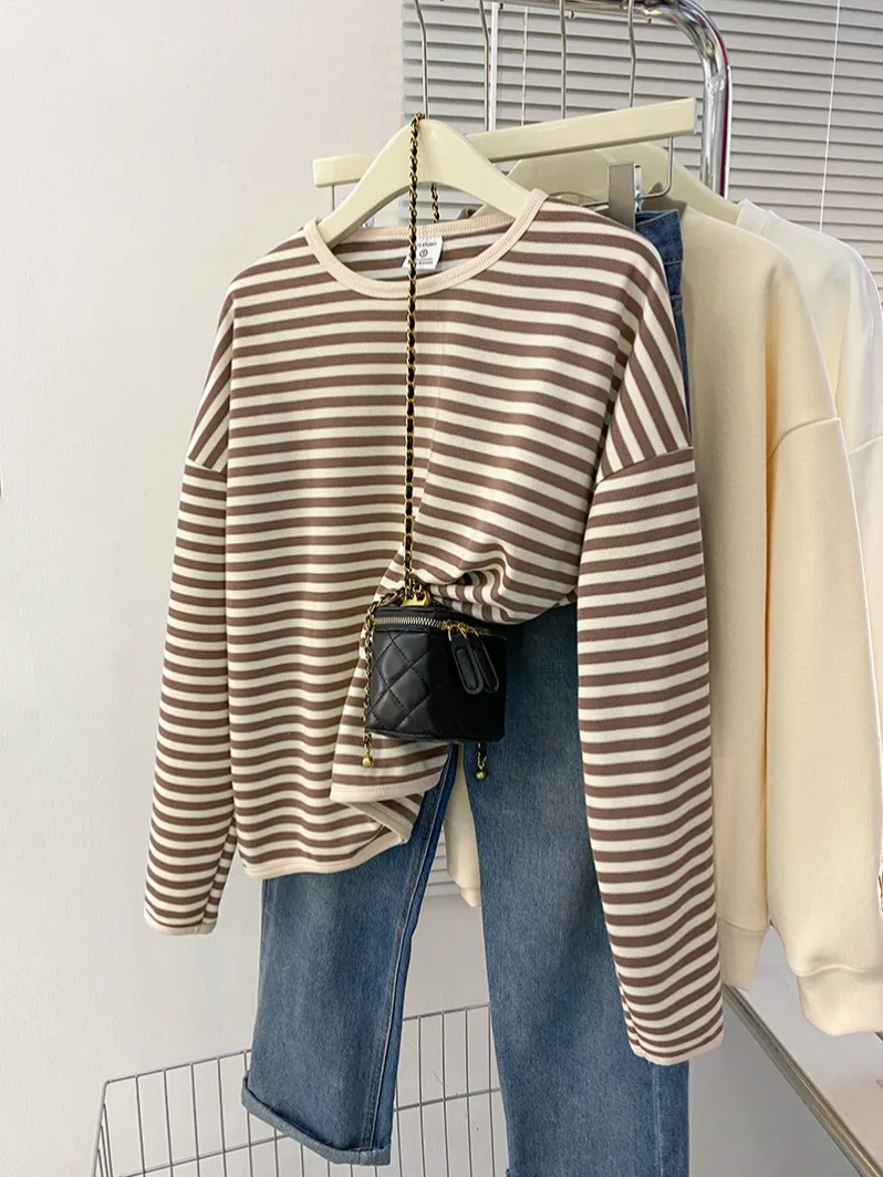 韓国スタイルインストライプスウェットシャツコントラストカラールーズフィット長袖プルオーバー春のファッション怠惰な多用途トップ