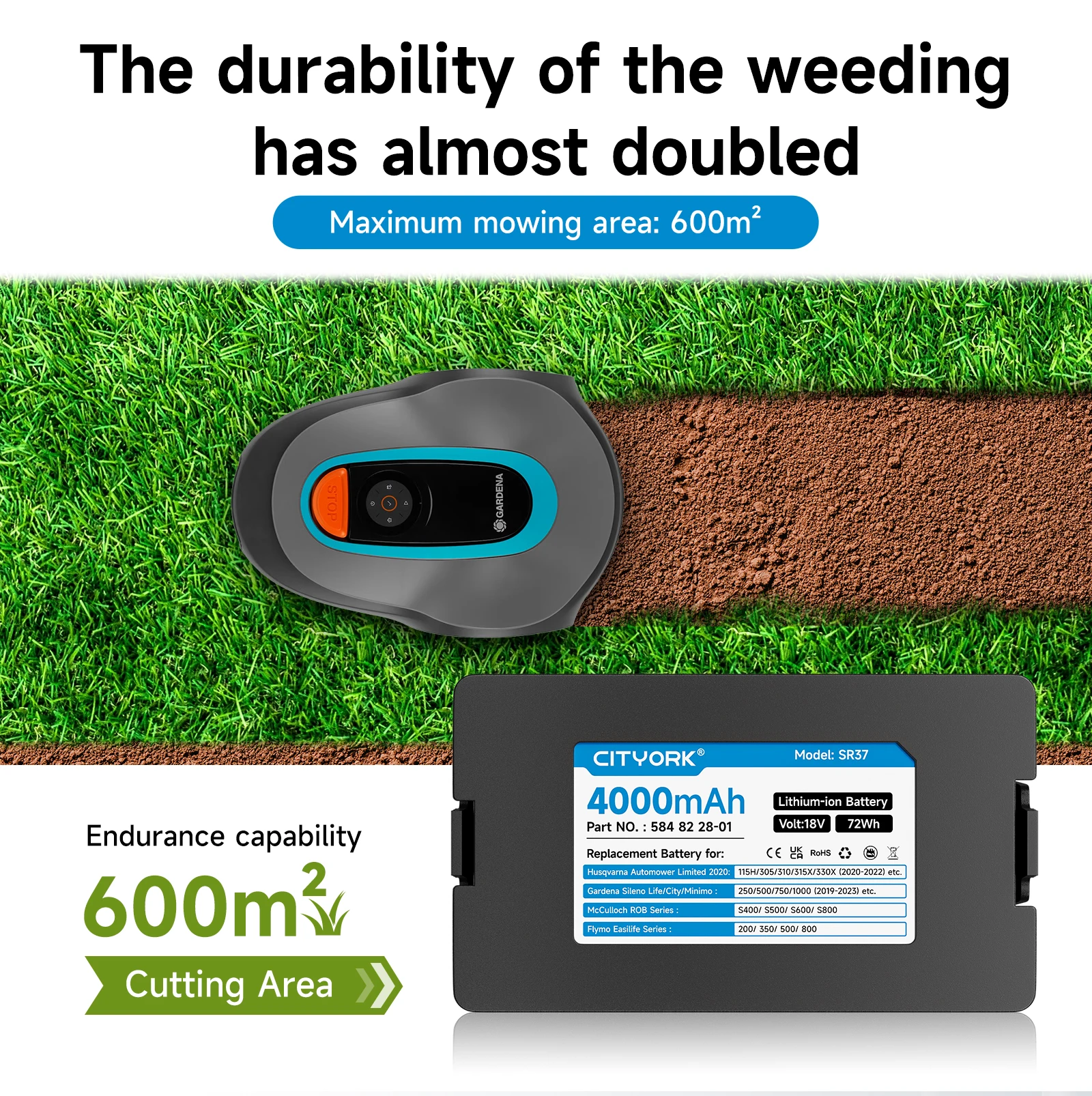 بطارية 18 فولت 4000 مللي أمبير في الساعة لـ Husqvarna Automower Limited 2020-2022 115H 305 310 315X 320 330X لـ Gardena Sileno City 250/500