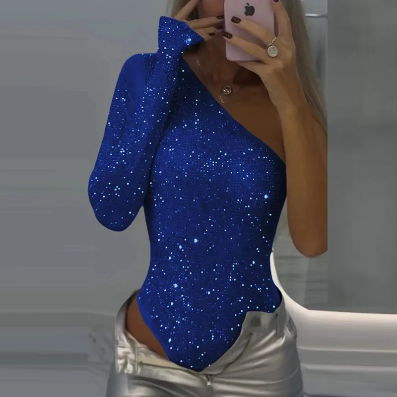 Women Elegant Shiny Sequins Asymmetrical Party Jumpsuit Fashion Hollow Out Slim Club Romper Sexy One Shoulder Sleeve Bodysuits