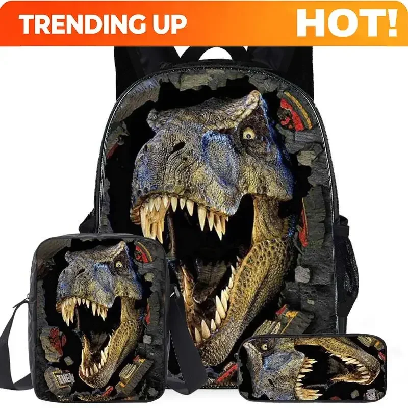 Custom Bag Classic Popular Cartoon Dinosaur 3D Printed 3pcs/Set Pupil School Bags Laptop Daypack Backpack Inclined Shoulder Bag