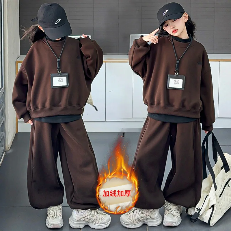 2026 winter autumn teenager kid loose Children girls set Clothes Hooded sweatshirt + wide leg pants velvet 4 9 10 14 Year Thick