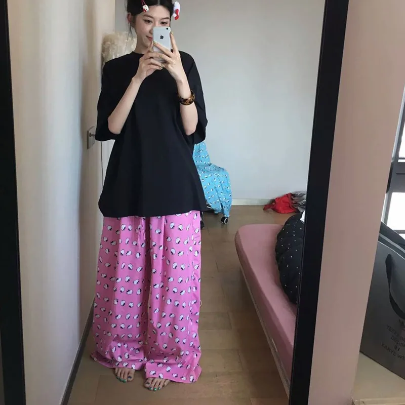 Miniso Hello Kitty Wide Leg Pajamas Pants Cotton Plus Size Loose Outwear Pants Girls Cute Kitty Printed Trousers Women Clothing