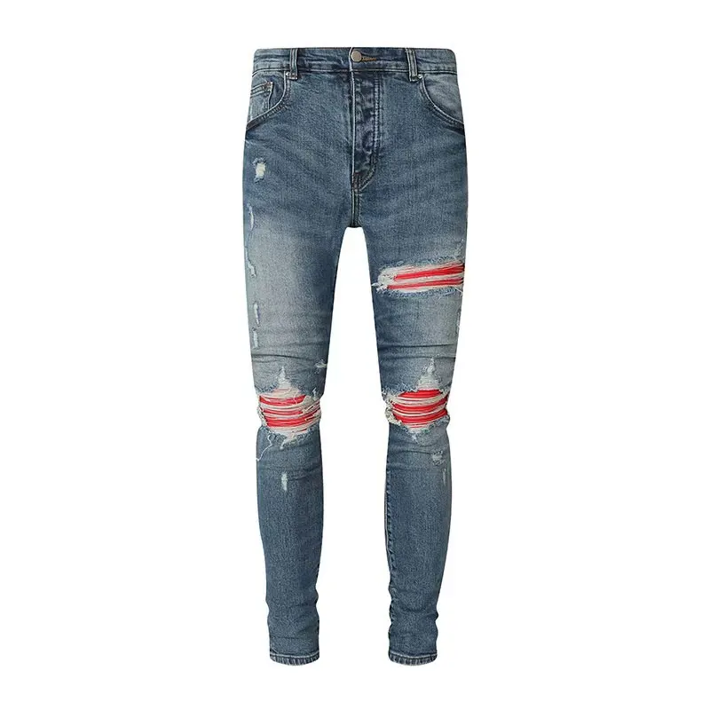 Designer Fashion New Men's Jeans Washed Nostalgic Elastic Slimming Retro Blue Perforated Red Patched Jeans High Street Hip Hop B