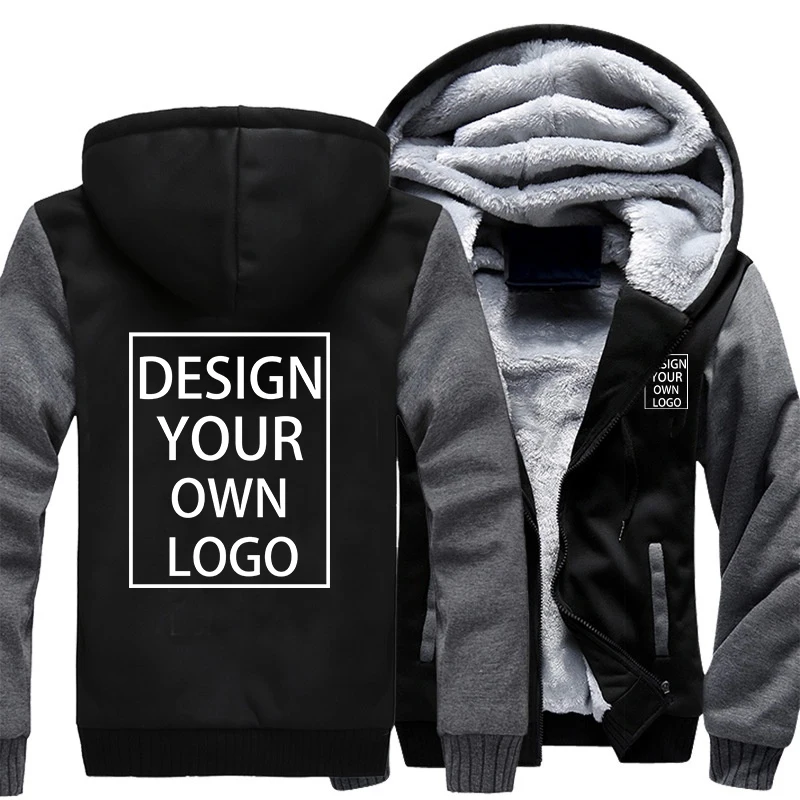 Custom Your Logo Men's Winter Thick Jackets Long Sleeve Zip Up Hoodies Fashion Outdoor Warm Loose Coat Personalized Clothing