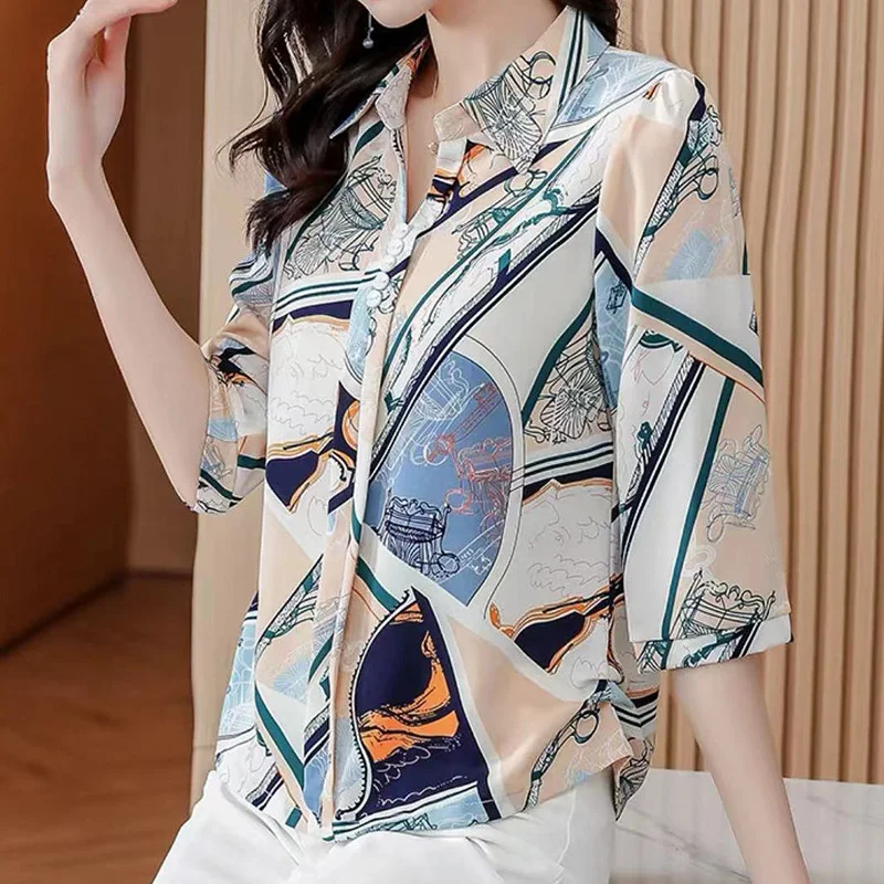 Casual Fashion Floral Printed Button Chiffon Shirt Summer 2022 New Polo-Neck Half Sleeve Loose Pullovers Blouse Women\'s Clothing