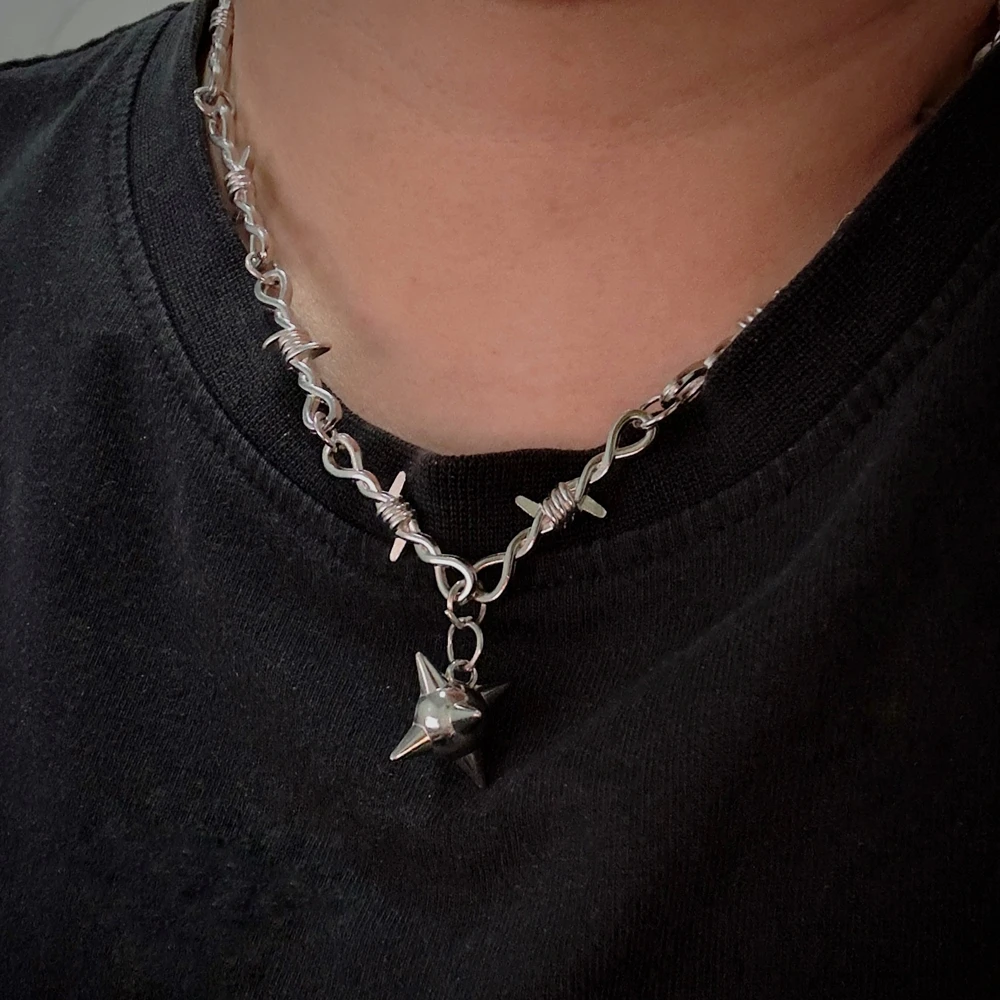 Gothic Thorn Barbed Wire Chain Spiky Ball Flail Charm Necklace for Women Men Punk Grunge Morning Star Pendant Hardware Necklace