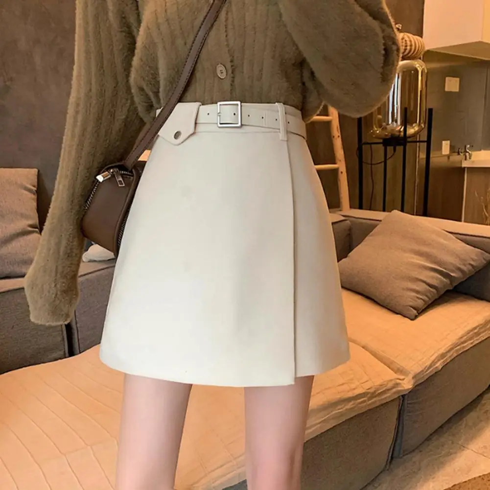 Back Zipper Mini Skirt With Belt Autumn Winter High Waist Bottoms Irregular Short Skirt A- line Skirt Woman Skirts Streetwear