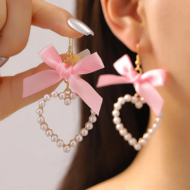 Cute Bow Imitation Pearl Heart Earrings, Fashion Women's Luxury Quality Jewelry, Trendy Parties, Weddings, Banquets, Daily Wear