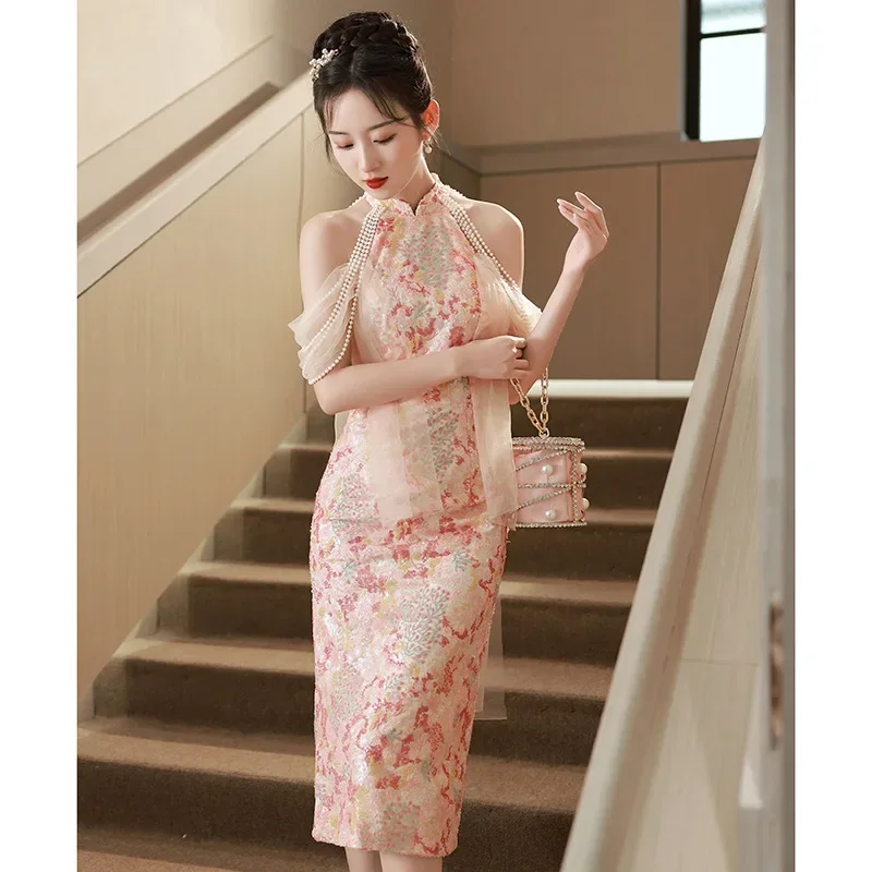 Pink Improve Cheongsam Charming Appliques Chinese Dress Fairy Print Vestidos Grace Qipao Celebrity Banquet Eeving Party Gown