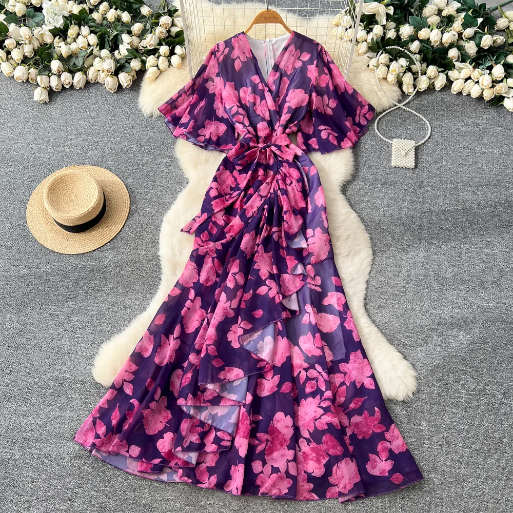 

Women Dresses Print Dress A Line Asymmetrical Lace Up V Neck Ankle Length Short Sleeves Empire Cinched Waist Casual 2025 Spring