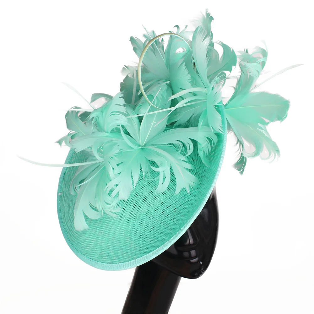 

Fashion Imitation Sinamay Big Derby Hat Chapeau Women's Bridal Fascinator Headband with Feathers for Race Occasions