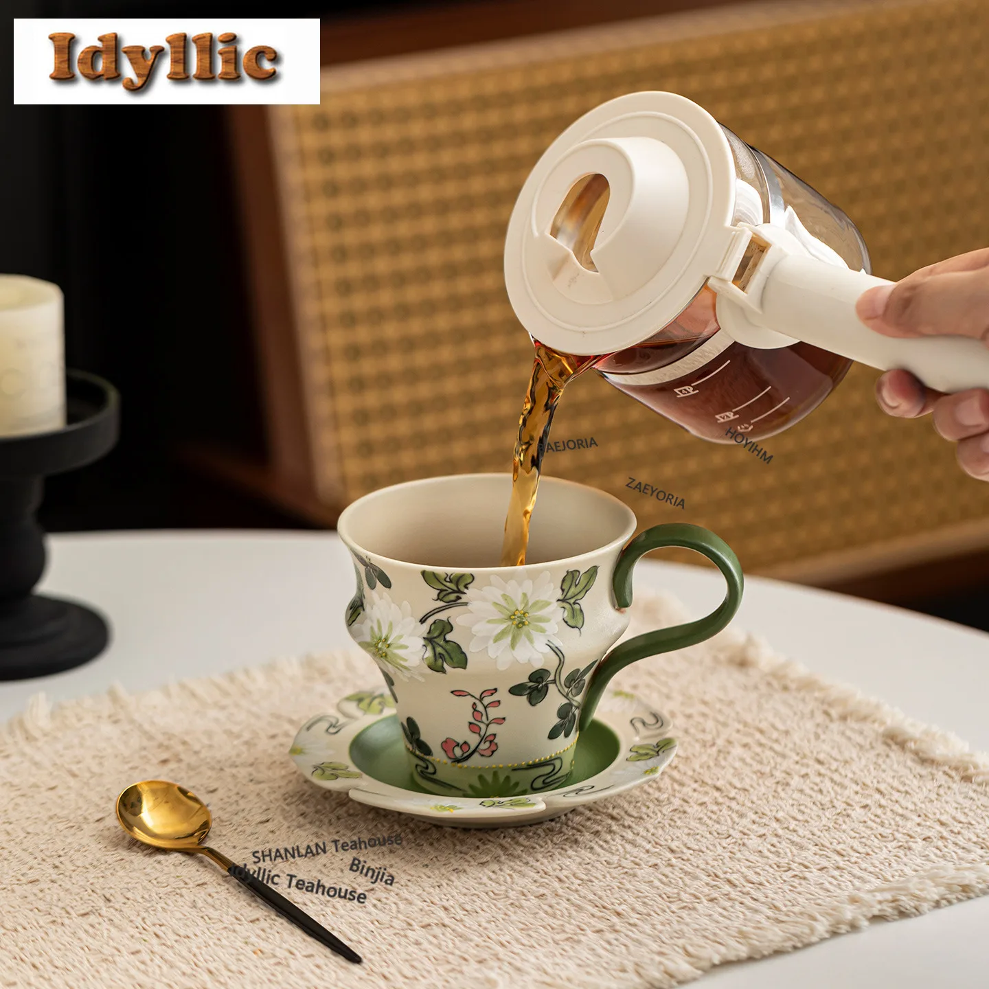 HOYIHM 275ml Hand Painted Spring's Letter Coffee Mug With Plate Hot Chocolate Cup Afternoon Tea Mug Cup Saucer Kit Drinkware Tea