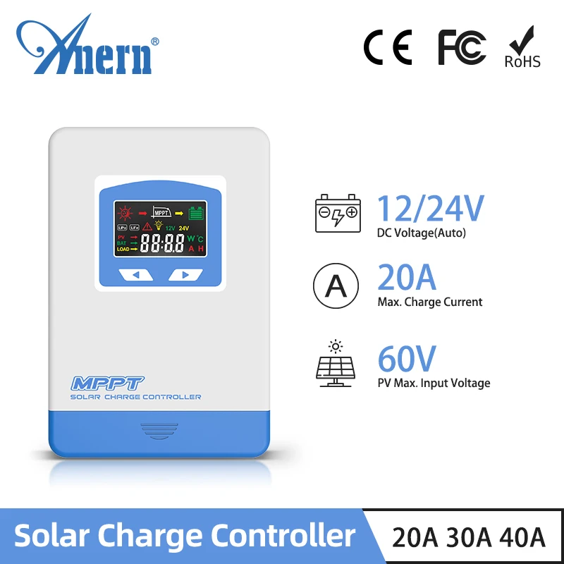 

Anern 20A 30A 40A Mppt Solar Charge Controller 12V 24V Auto PV Input 100VDC 60VDC Solar Charging Regulator LCD Display LiFePo4 G