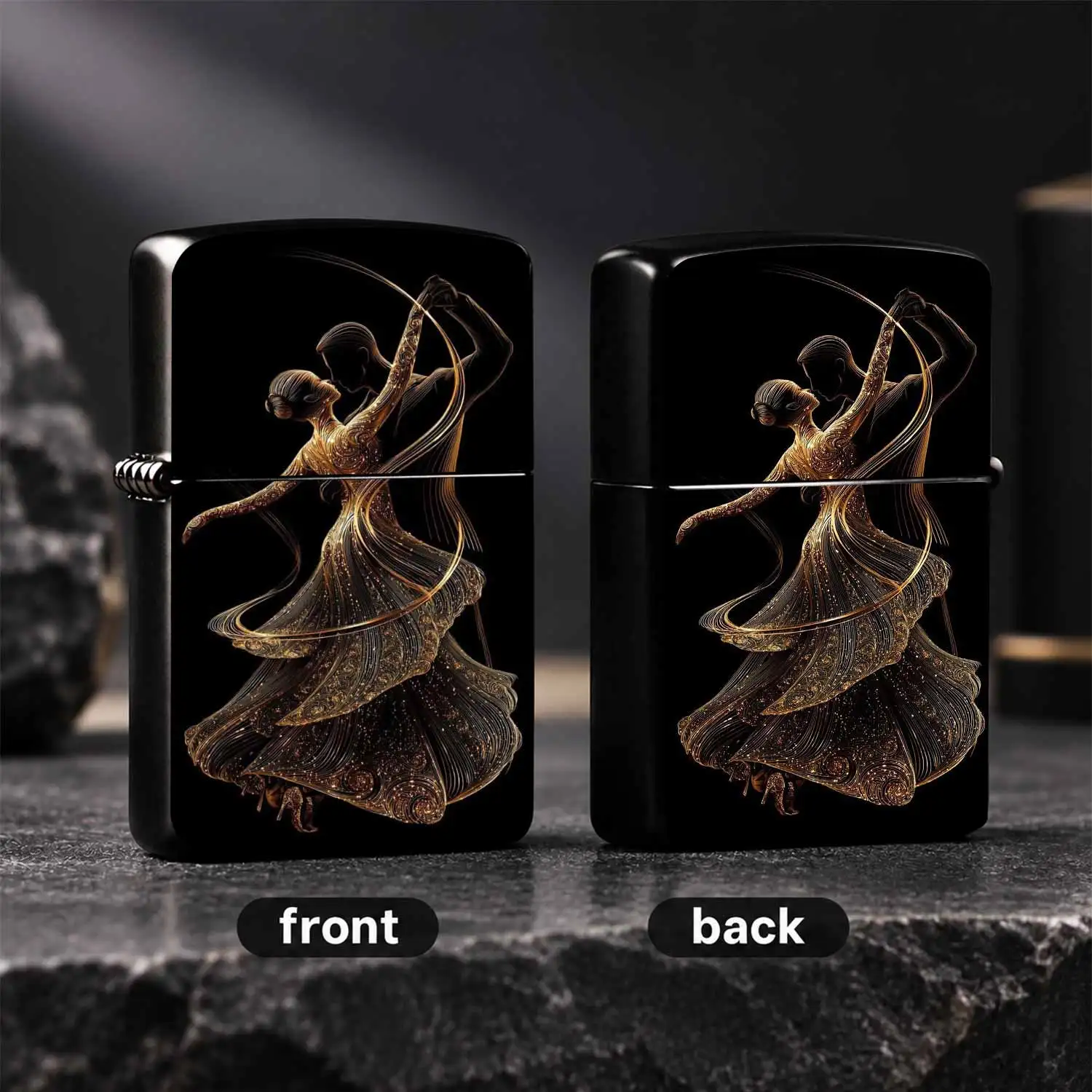 Exquisite Golden Line Ballroom Dancer Pattern Lighter, Elegant Tango Couple Art Decor Portable Accessory, Chic Glossy Gilded Design Ideal For Daily Carry, Gifting, And All Kinds Of Casual Formal Occasions A Humorous And Interesting Lighter