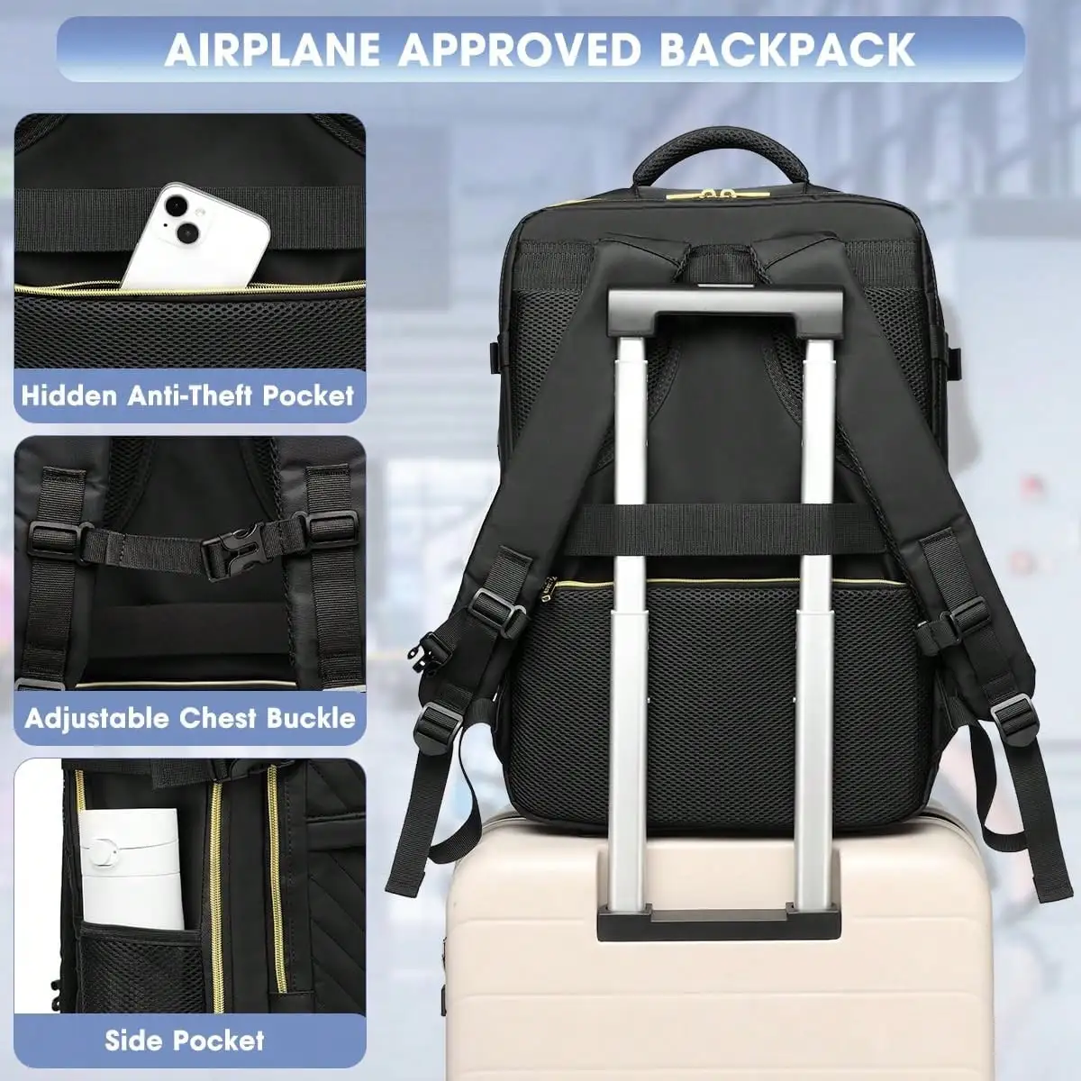 Large Carry On Travel Backpack - Flight Approved Waterproof Anti-Theft Luggage Daypack For Women Men Fit 17 Inch Laptop Business Weekender Overnight Backpack College Bag Personal Item Size Black view 3