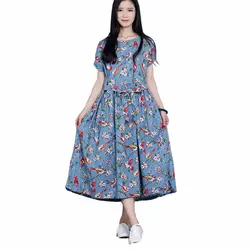 2022 autumn fashion women clothing casual loose Oversize dress thin blue linen printed short-sleeved vintage dresses female