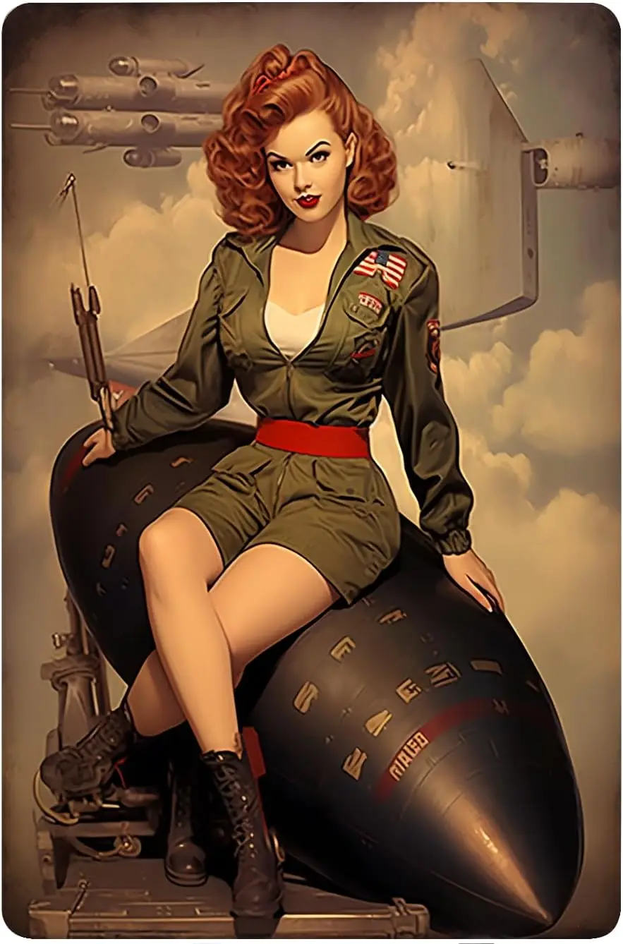 1940s Girl Military Girl sitting on missiles Sign Funny Tin Sign Bar Pub Diner Cafe Wall Decor Home Decor Art Poster Retro  sign