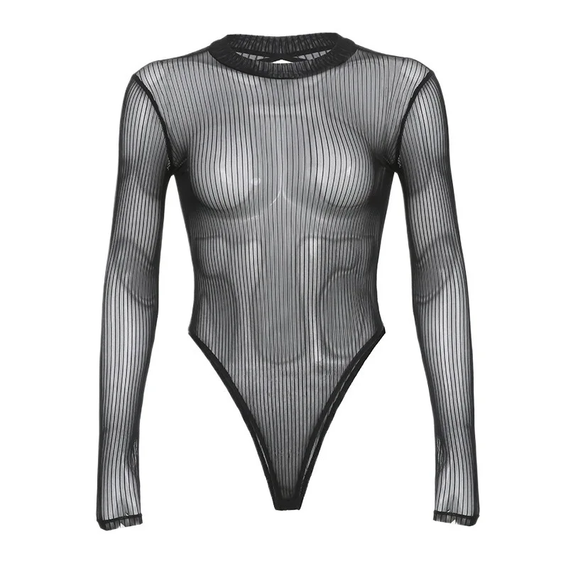 

Summer Perspective Striped Mesh Jumpsuit European American Women Slim Fit Spicy Girl Style Versatile Casual Streetwear Top