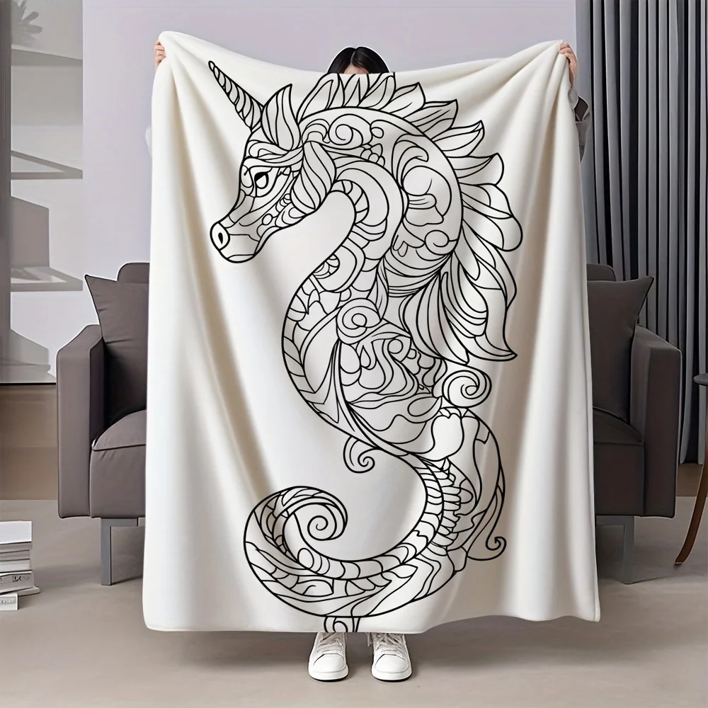 Oversize Unicorn Art Throw Blanket Mandala Line Drawing Fantasy Creature Cozy Plush 150x200cm for Bedroom Living Room Home Decor