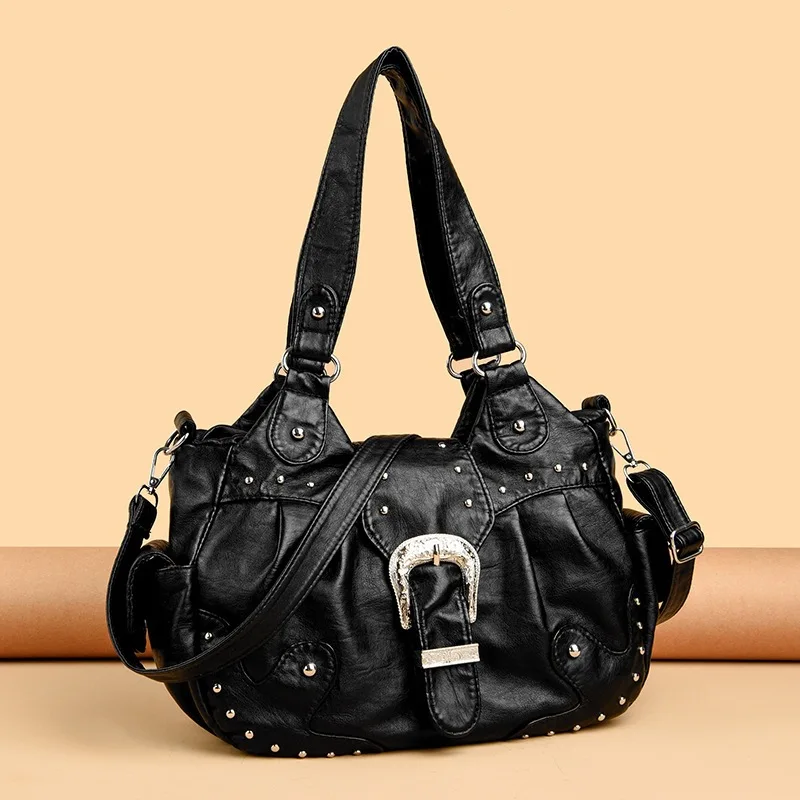 Women Vintage PU Leather Rivet Handbag Large Capacity Shoulder Crossbody Bag Y2K Motorcycle Style Ladies Travel Tote Purse